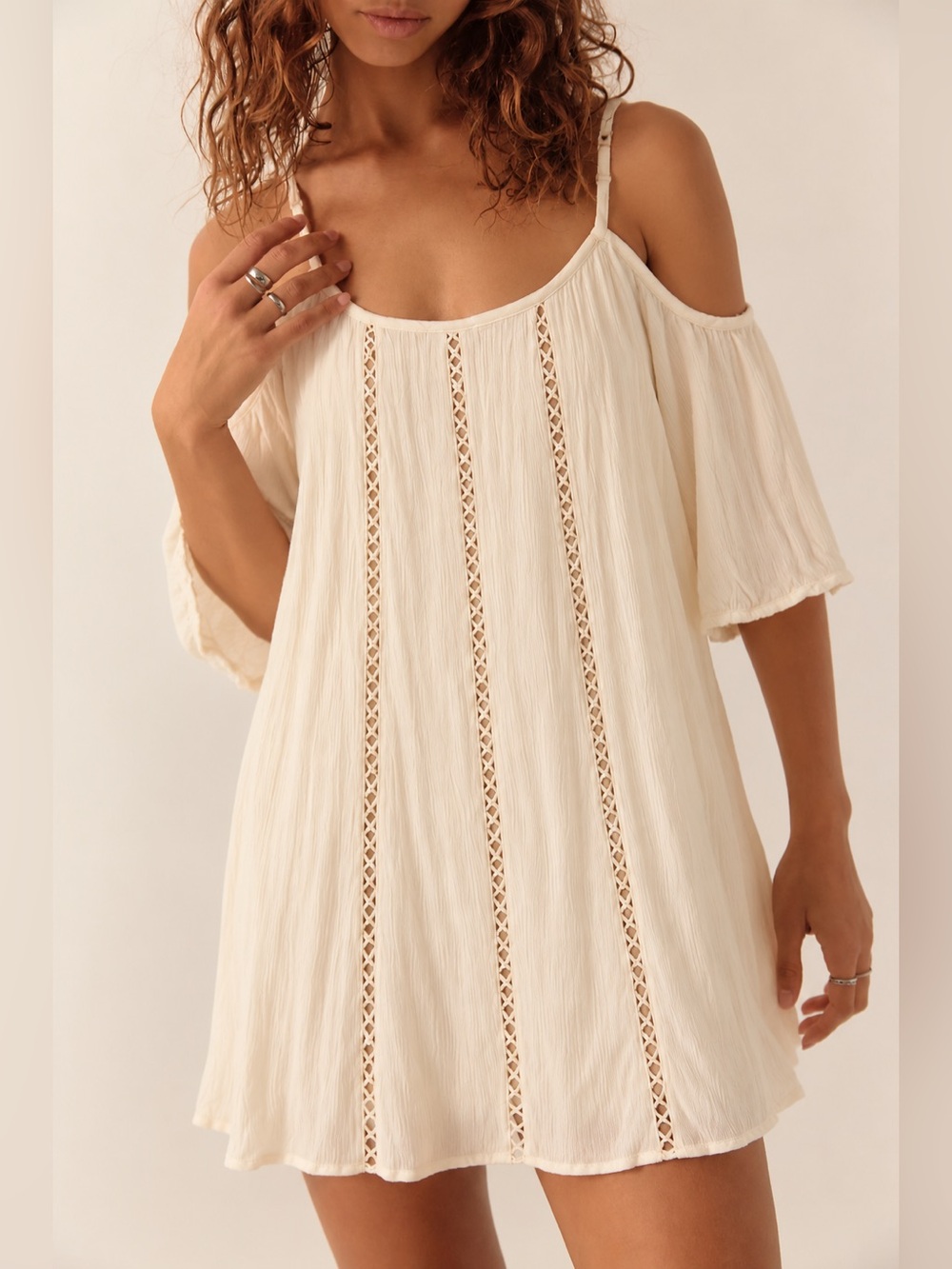 Maurices XL Ivory Crochet Lace Trim Cold Shoulder Midi Dress Lined Boho Resort